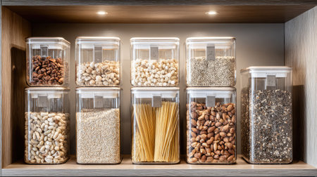 A well-organized kitchen setup featuring a wooden shelf with clear containers holding various grains, nuts, and pasta, promoting an efficient cooking environment.の素材