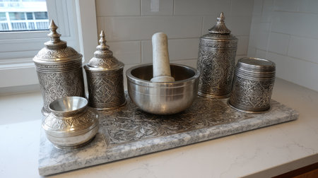 This stunning collection features various silver decor pieces, including a mortar and pestle, beautifully arranged on a marble tray, enhancing any kitchen's elegance.の素材