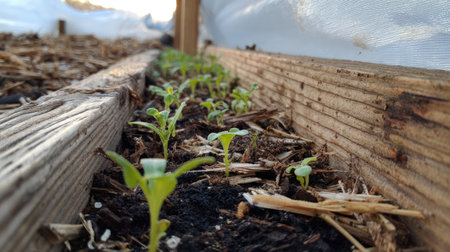 A vibrant array of young seedlings stretches towards the sunlight in a wooden garden bed, showcasing the beauty of life and growth in a nurturing environment.の素材
