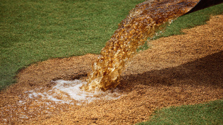 A stream of water pours from a pipe onto a grass surface, creating a brownish stain that highlights the interaction between water and soil in a natural setting.の素材