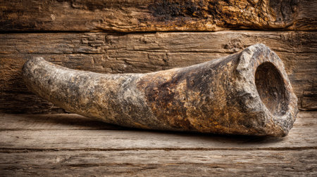 This image captures an ancient horn artifact resting on a rustic wooden surface. The detailed textures and colors tell a story of craftsmanship and history.の素材