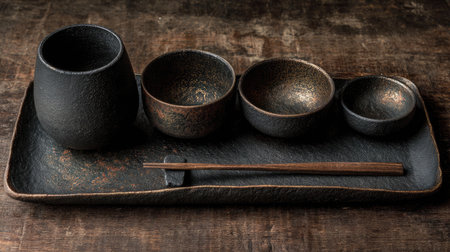 This image features an elegant traditional Japanese tea set, showcasing black ceramics and wooden chopsticks, beautifully arranged on a rustic wooden table.の素材