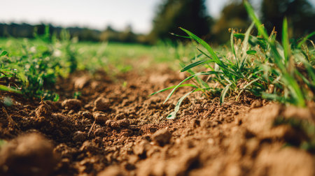 A close-up perspective of rich brown soil interspersed with green grass. This image captures the essence of nature and vitality in a serene outdoor setting.の素材