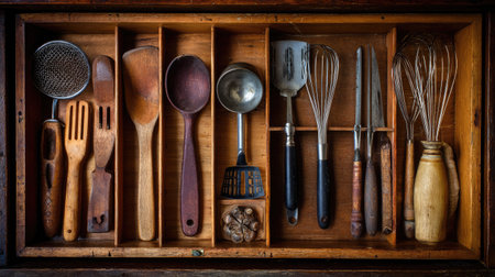 Discover an organized collection of rustic kitchen utensils in a wooden drawer, perfect for culinary enthusiasts seeking style and functionality in home cooking.の素材