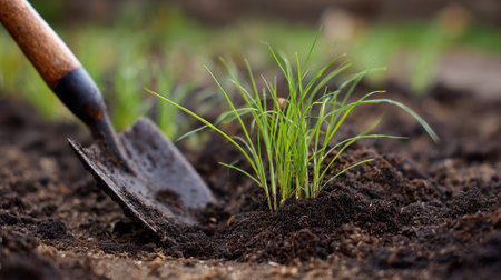 A detailed image showcasing a garden shovel making contact with rich, dark soil, allowing fresh green grass sprouts to thrive in a vibrant garden setting.の素材