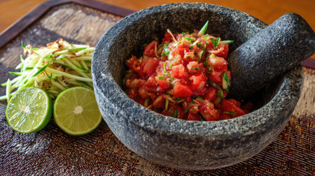 This image captures freshly prepared salsa in a mortar with diced tomatoes, green onions, and ginger, alongside sliced limes on a rustic table.の素材