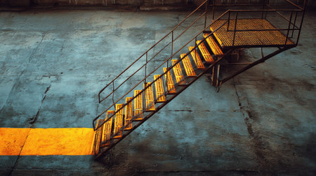 This image captures an industrial stairway with a metal railing, highlighted by natural light creating striking shadows on a textured concrete floor.の素材
