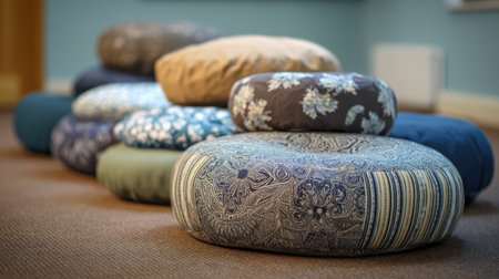 A collection of colorful meditation cushions arranged neatly, creating a soothing atmosphere perfect for relaxation and mindfulness practices.の素材