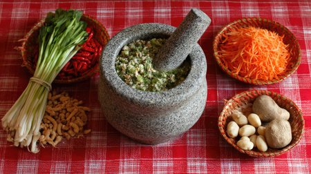 A vibrant arrangement of fresh ingredients for traditional cooking, featuring a mortar and pestle on a red checkered tablecloth. Perfect for culinary displays.の素材