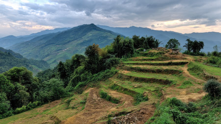 A breathtaking view of terraced fields nestled in rolling mountains under a cloudy sky during sunset. This tranquil landscape captures the beauty of nature and agriculture, inviting exploration and appreciation.の素材