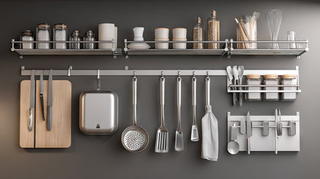 This image showcases a modern kitchen organization with stainless steel utensils, open shelving, and neatly arranged culinary tools and ingredients. Perfect for design inspiration.の素材