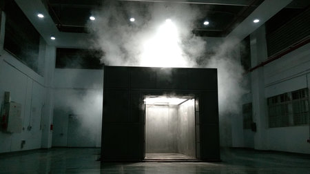 A captivating industrial scene featuring a misty elevator, illuminated by brilliant light, surrounded by an expansive and empty space.の素材