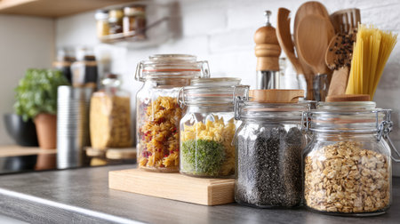 A beautifully arranged kitchen countertop showcases an assortment of jars filled with vibrant pasta, grains, and seeds, accompanied by wooden utensils, creating an inviting cooking space.の素材