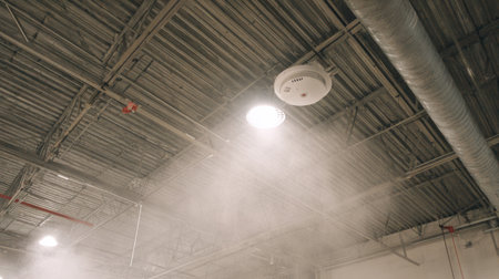 This image features a view of an industrial ceiling with modern lighting and smoke, creating a dramatic atmosphere in a contemporary warehouse space.の素材