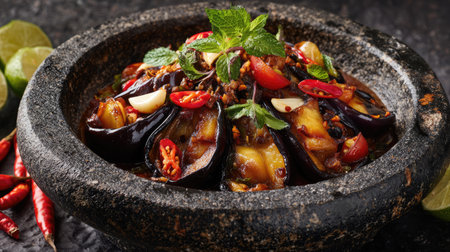 A vibrant and flavorful eggplant dish presented in a rustic stone bowl, beautifully garnished with fresh herbs, chilies, and spices for a mouthwatering appeal.の素材