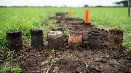 A close-up view of soil samples from different horizons in an agricultural field. This image captures the diverse layers revealing soil composition and health.の素材