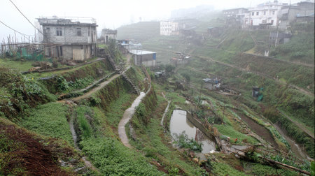 A serene view of a misty landscape featuring terraced fields and rural homes on a hillside. The fog creates a tranquil atmosphere, emphasizing nature and agricultural life.の素材