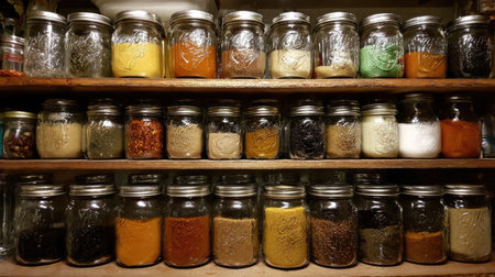 A captivating display of assorted glass jars filled with vibrant spices and herbs arranged on wooden shelves, creating a warm and inviting kitchen atmosphere.の素材