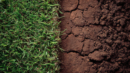 This image showcases the striking contrast between lush green grass and dry cracked soil, symbolizing environmental challenges and nature's beauty.の素材
