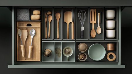 This image features a neatly organized kitchen drawer filled with a variety of cooking utensils and tools in wood and ceramic materials. Perfect for showcasing a modern kitchen setup.の素材