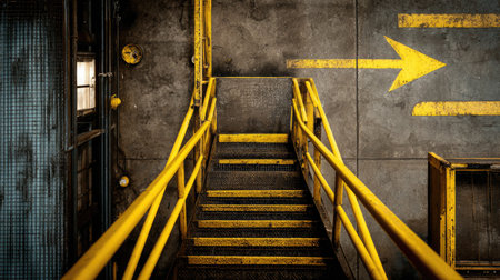 A striking image of an industrial staircase with vibrant yellow railings set against a weathered concrete wall. The prominent arrow design adds a dynamic element, conveying movement and direction in an urban workspace.の素材