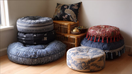A beautifully arranged collection of assorted floor cushions and poufs in a modern living space, blending stylish design with comfort and warmth.の素材