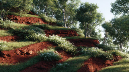 A stunning depiction of a vibrant landscape showcasing lush greenery and terraced red earth, highlighting the beauty of nature and serenity.の素材