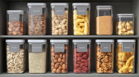 A stylish display of clear food storage containers filled with various dried foods, perfect for organizing a modern kitchen pantry and promoting healthy eating.の素材