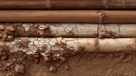 A detailed close-up capturing the intricate patterns of cracked earth alongside bamboo sticks, highlighting the rustic charm of natural textures.の素材