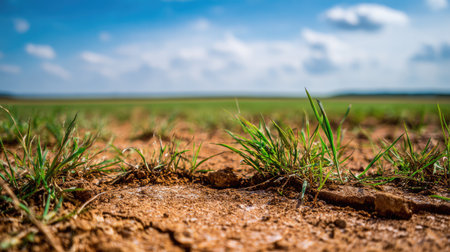 This image captures a close-up view of resilient grass growing on dry earth, highlighting nature's beauty against a bright blue sky scattered with clouds.の素材