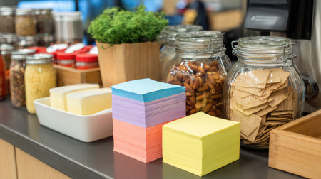 This vibrant arrangement showcases colorful sticky notes alongside jars filled with various kitchen ingredients, perfect for creative inspiration and organization.の素材