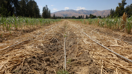 A captivating agricultural field showcases neat rows of crops with an advanced irrigation system, surrounded by scenic mountains and a clear blue sky.の素材