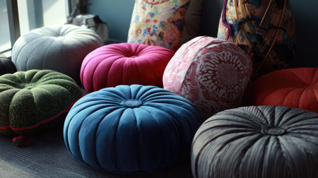 A vibrant collection of round pillows and cushions in various colors and patterns, arranged elegantly on a floor in a modern room, inviting comfort and style.の素材