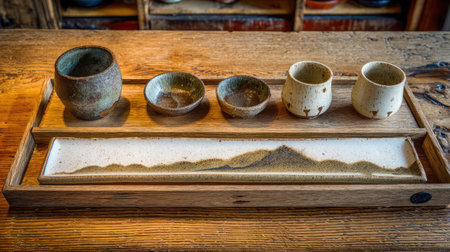 A beautifully arranged traditional Japanese ceramics set featuring various cups and a serving tray, perfect for tea or sake. Earthy tones and elegant designs highlight the artistry and handmade craftsmanship, creating a warm and inviting atmosphere.の素材