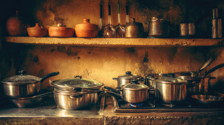 A rustic kitchen scene featuring an array of pots and pans arranged on a stovetop and shelves, illuminated by warm natural lighting, evoking a cozy culinary atmosphere.の素材