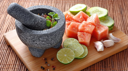 A beautifully arranged scene showcasing fresh ingredients on a wooden surface. A mortar and pestle rests beside vibrant slices of watermelon, cucumber, and lime.の素材