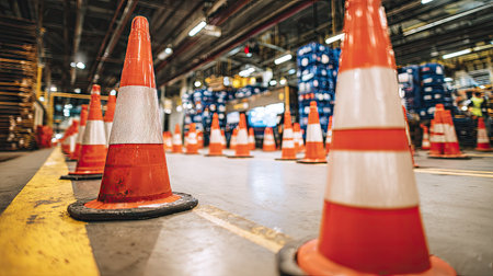 A row of safety cones lines the floor of a busy warehouse, highlighting safe pathways and directing movement among industrial equipment and storage.の素材