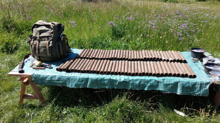 A well-organized table featuring numerous tubes, a sturdy backpack, and an inviting natural backdrop. Perfect for outdoor enthusiasts and creative projects.の素材