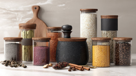An aesthetically pleasing arrangement of various spices and grains in glass containers, showcasing vibrant colors and perfect for culinary enthusiasts.の素材