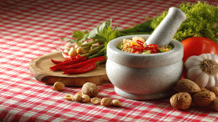 A rustic kitchen scene captures a mortar and pestle surrounded by fresh ingredients like garlic, chili, and nuts on a checkered tablecloth.の素材