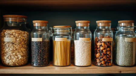 A beautifully arranged collection of clear glass jars filled with various dried ingredients, showcasing a rustic kitchen aesthetic and promoting organized food storage.の素材