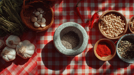 This vibrant image features a variety of spices and fresh garlic laid out on a classic checkered tablecloth. The colorful arrangement highlights natural ingredients perfect for culinary creations.の素材