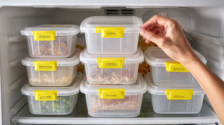 A well-organized refrigerator featuring clear plastic meal prep containers with colorful labels, showcasing an efficient approach to food storage and meal preparation.の素材