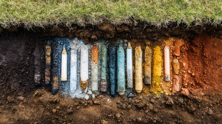 This artistic photograph features brightly colored chalks arranged in soil layers, showcasing vibrant earth tones and textures that celebrate the beauty of nature.の素材