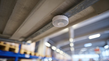 This image showcases a modern smoke detector installed on the ceiling of an industrial warehouse, emphasizing safety measures and emergency response systems.の素材