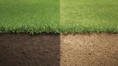 This captivating split image showcases vibrant green grass growing above rich soil, highlighting the texture contrast between the lush foliage and earthy foundation. Ideal for nature, gardening, or agricultural projects.の素材
