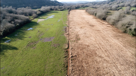 A stunning aerial view showcasing a stark contrast between lush green fields and dry brown land. This scene highlights the effects of weather and land usage.の素材