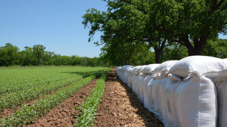 A vibrant agricultural scene showcasing green crops growing alongside bales of hay under a clear blue sky. The landscape reflects the essence of farming.の素材