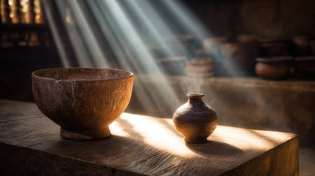 A serene image of rustic clay pottery on a wooden table in an artisan workshop, featuring soft sunbeams illuminating the warm tones and textures.の素材