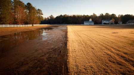 This serene landscape captures a split terrain of wet and dry land under gentle morning light, showcasing tranquil nature and a peaceful rural scenery.の素材